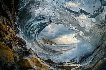 Poster - A breathtaking view from inside a massive ocean wave, showcasing the power and beauty of nature.