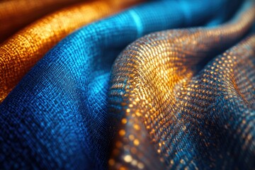Poster - Close-up of luxurious blue and gold fabric with a textured surface, showcasing its elegant drape and rich colors.