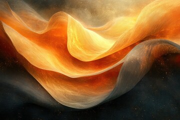 Fototapete - Abstract art depicting swirling, fiery golden and dark hues, resembling cosmic dust or flowing fabric.