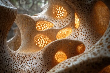 Fototapete - Intricate, organic structure with honeycomb-like cavities and warm, glowing interior.