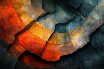 Poster - Abstract artwork depicting layered rock formations in vibrant hues of orange, red, gold, and teal, showcasing geological textures.