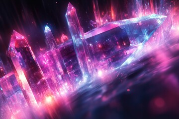 Poster - Glowing pink and blue crystals form a futuristic city landscape, illuminated from within.