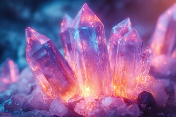 Poster - Glowing cluster of amethyst crystals, illuminated with vibrant pink and blue hues.