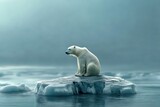 Lone polar bear sitting on melting ice chunk in arctic waters