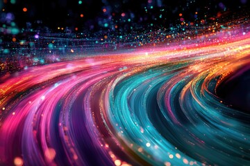 Poster - Abstract swirling vibrant light trails with sparkling particles, creating a dynamic and colorful cosmic scene.