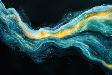 Leinwandbilder - Abstract cosmic artwork depicting swirling teal and gold nebulae, resembling celestial waves in space.