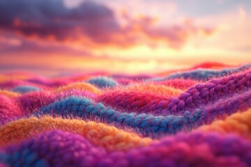 Aufkleber - Vibrant, multicolored knitted fabric resembles rolling hills at sunset, creating a dreamy, textured landscape.