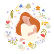 © Irina_Velden - Colorful illustration of a woman hugging herself in front of flowers, symbolizing self-love and acceptance. Hand-drawn vector in flat style.