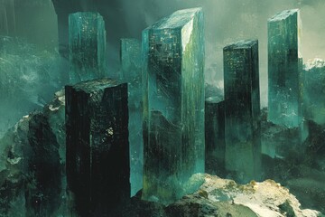 Poster - A futuristic city built within colossal, translucent emerald crystals, glowing with inner circuitry.