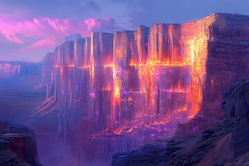 Poster - A majestic canyon glows with vibrant purple and orange hues at sunset, showcasing a breathtaking, surreal landscape.