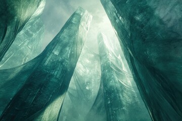 Poster - Enveloped skyscrapers pierce a hazy, teal sky in a dystopian, ethereal cityscape.