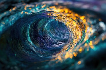 Aufkleber - A mesmerizing swirling ocean wave, shimmering with golden and teal hues, creates a captivating vortex.