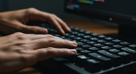 hands typing on a black keyboard in front of a computer screen.
