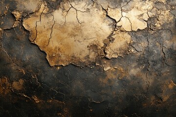 Poster - Cracked gold and dark textured wall, abstract grunge background.