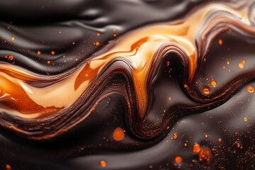 Poster - Abstract close-up of dark and golden brown liquid swirling together, creating a luxurious and decadent texture.
