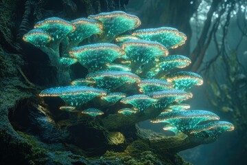 Poster - Luminous teal fungi cluster on a mossy tree, glowing with inner light in a mystical forest.