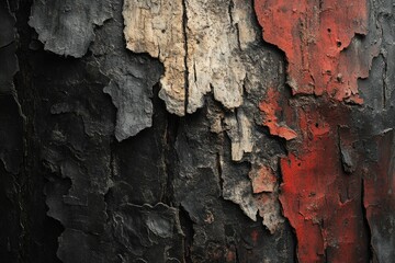 Leinwandbilder - Close-up of a tree bark with black, red, and beige peeling paint, showcasing texture and detail.