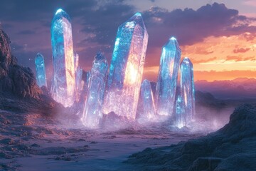 Poster - Glowing blue crystals rise from a desolate, alien landscape under a vibrant sunset.