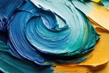 Poster - Abstract art painting with swirling blue and yellow oil paint texture.