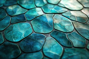 Aufkleber - Close-up view of an abstract teal and blue stone mosaic pattern with irregular shapes and textures.