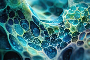 Poster - Abstract image depicting a vibrant, organic, interconnected network of cells or bubbles in shades of blue and green.