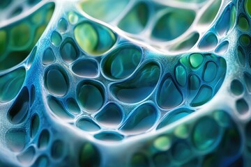 Poster - Abstract close-up of a vibrant, bioluminescent, interconnected network of cells or organic matter.