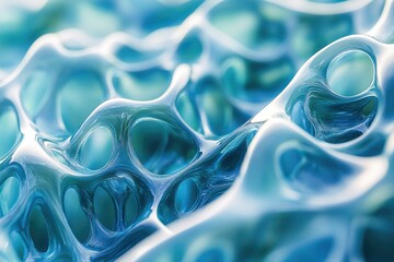Poster - Abstract 3D rendering of a blue, translucent, porous structure resembling a complex network or cellular form.
