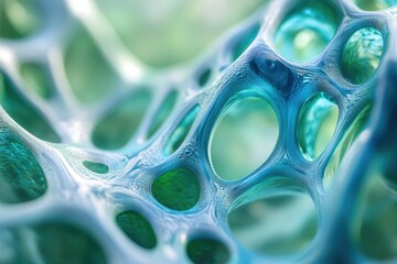 Poster - Abstract image of a turquoise, porous, organic-looking structure with a network of interconnected cavities.