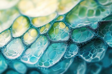 Poster - Abstract close-up of a vibrant teal and green cellular structure, resembling a network of interconnected bubbles.
