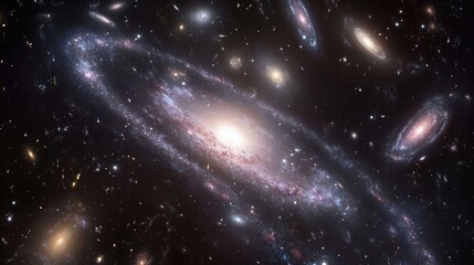 deep purple and blue cosmic background with glowing nebulae and swirling galaxies