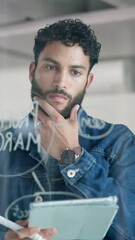 Aufkleber - Idea, glass and business man with tablet for brainstorming, writing notes and research in office. Professional, startup and person with mind map on digital tech for website, project and planning