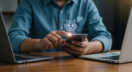 Business, technology, meeting, strategy  a person using a smartphone with a chatbot icon hovering above it between two open laptops on a desk