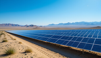 Solar panel array stretches across desert landscape under a clear blue sky with distant mountains view .