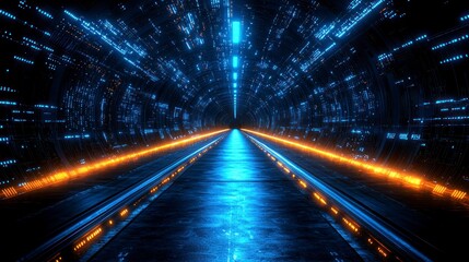 Glowing tunnel with blue and orange lights, tech look
