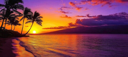 Wall Mural - the silhouette of palm trees against the vibrant orange and purple sky at sunset, with reflections o