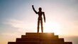 © photostockatinat - a wooden mannequin triumphantly raises a hand atop a staircase, silhouetted against a vivid sky