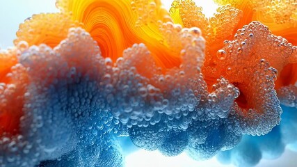 Wall Mural - An abstract colorful image featuring vibrant orange and blue textures with bubbles, creating a modern design and dynamic pattern.