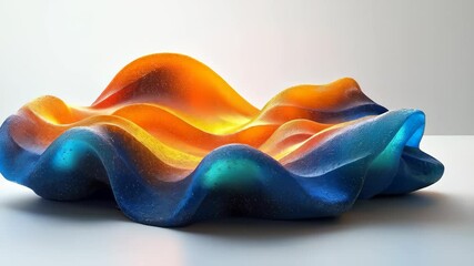 Wall Mural - A colorful, wavy sculpture with smooth curves blending orange, blue, and green hues, reflecting light and showcasing modern design.