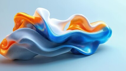 Wall Mural - An abstract wavy shape with vibrant blue, orange, and white colors creating a dynamic fluid design.