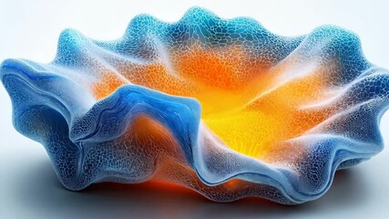 Wall Mural - An abstract, colorful 3D structure with wavy edges and intricate texture patterns, exhibiting vibrant orange and blue hues.