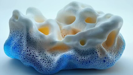 Wall Mural - A textured abstract formation resembling a sponge with blue accents and bubbles, showcasing a modern design.