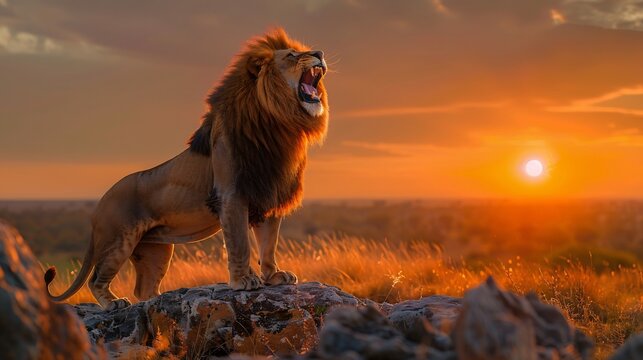 Mighty African lion roaring atop a rocky outcrop golden mane flowing in the wind dramatic sunset casting an epic glow cinematic wildlife photography