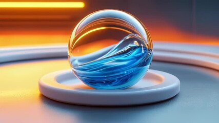 Wall Mural - A glass sphere featuring swirling blue and white patterns, illuminated against an orange and yellow background, showcasing a modern design.