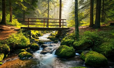 Wall Mural - serene forest scene with wooden bridge over mossy creek