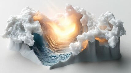 A surreal representation of ocean waves crashing through a cloud-like structure, illuminated by a warm glow.