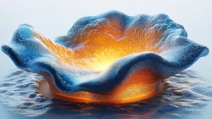 Wall Mural - A vibrant, textured abstract sculpture resembling a shell with an illuminated interior, showcasing dynamic colors and smooth curves.