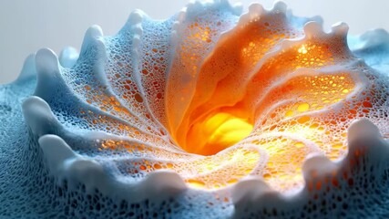 Wall Mural - A vibrant, abstract close-up of swirling textures resembling bubbles and light in shades of orange and blue.