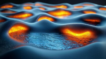 Wall Mural - Abstract close-up of a textured surface with glowing orange elements surrounded by blue, resembling flowing lava and water.