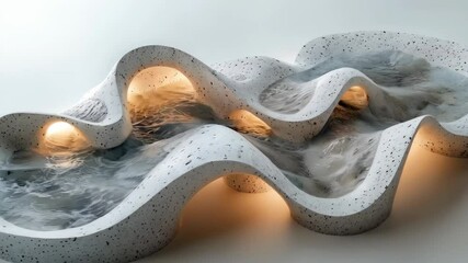 Wall Mural - An artistic wave-like structure with integrated lighting and flowing water, combining modern design and unique textures.