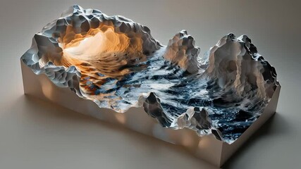 Wall Mural - A stunning abstract representation of waves crashing against stylized rocky formations in a modern design.